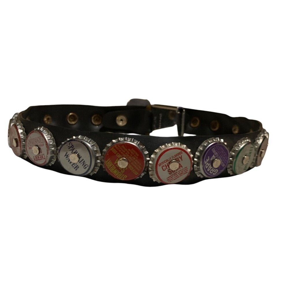 Vintage Hippie Belt Rubber Firestone Car Buckle w/Aged Bottle Caps Sz 31 Y2K 90s - Picture 13 of 13